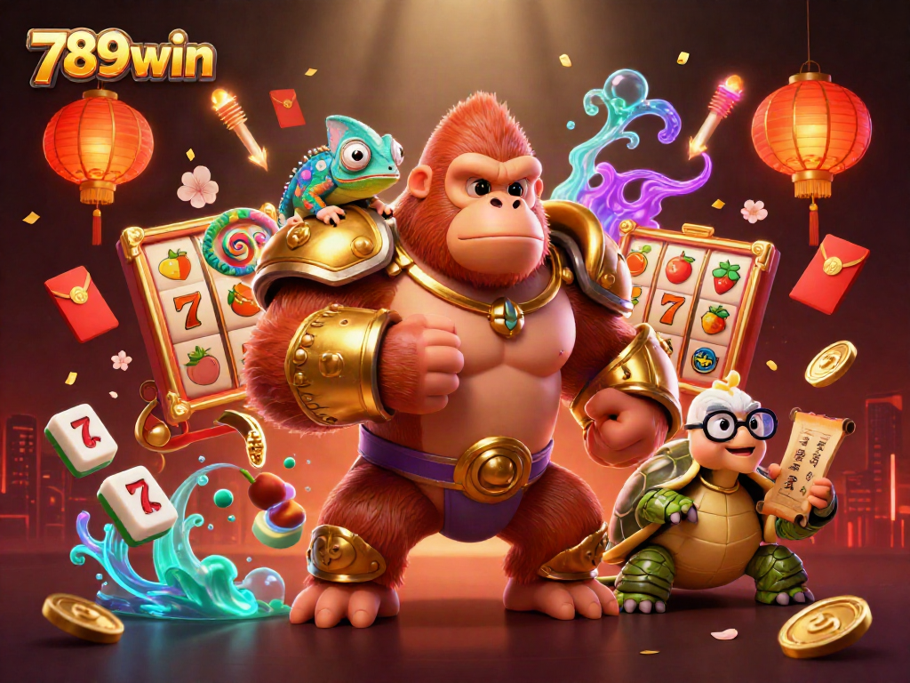 Engage in thrilling casino action with 789win's dynamic gorilla king and vibrant game elements in an electrifying 3D illustration.