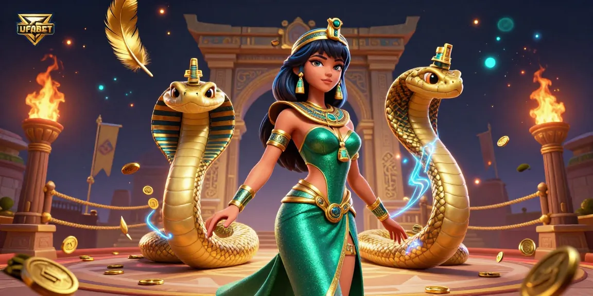 Spin the reels at UFABET with exquisite visuals of a stunning woman and a golden cobra.