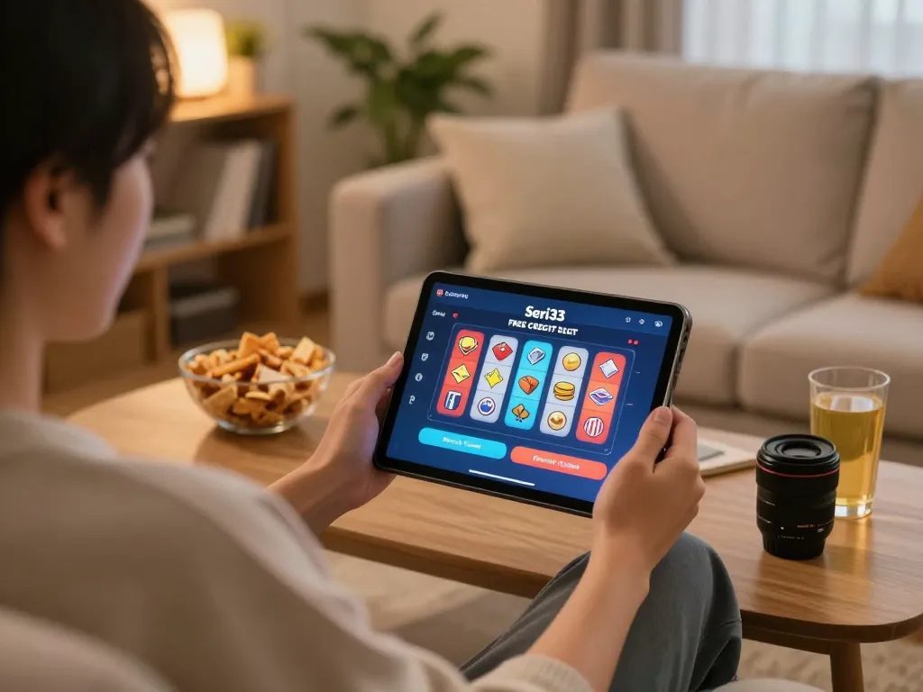 Engaging in Seri33 Free Credit Slot Malaysia gaming on a tablet, surrounded by snacks and inviting home decor.