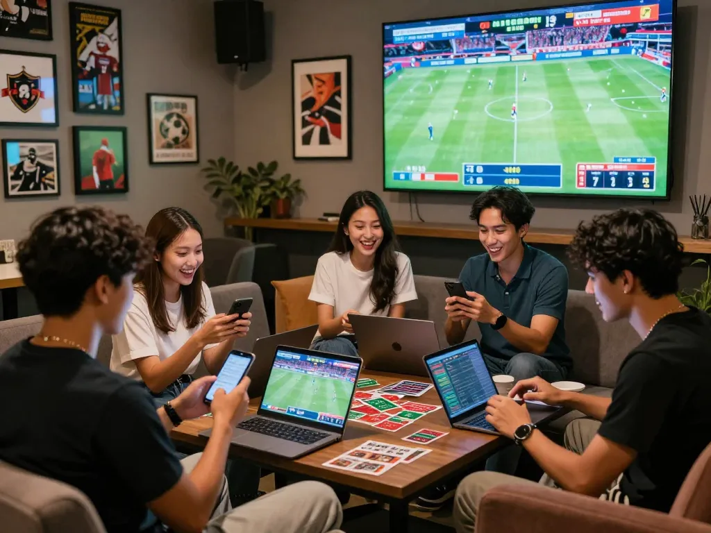 Exciting gathering of friends exploring trang cá độ bóng đá with smartphones and betting slips in a vibrant environment.