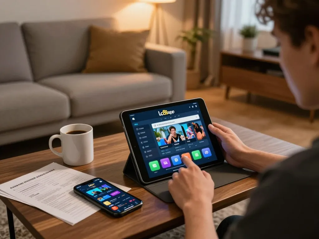 Engaging with the lc88app on a tablet in a cozy home setting for online gambling.