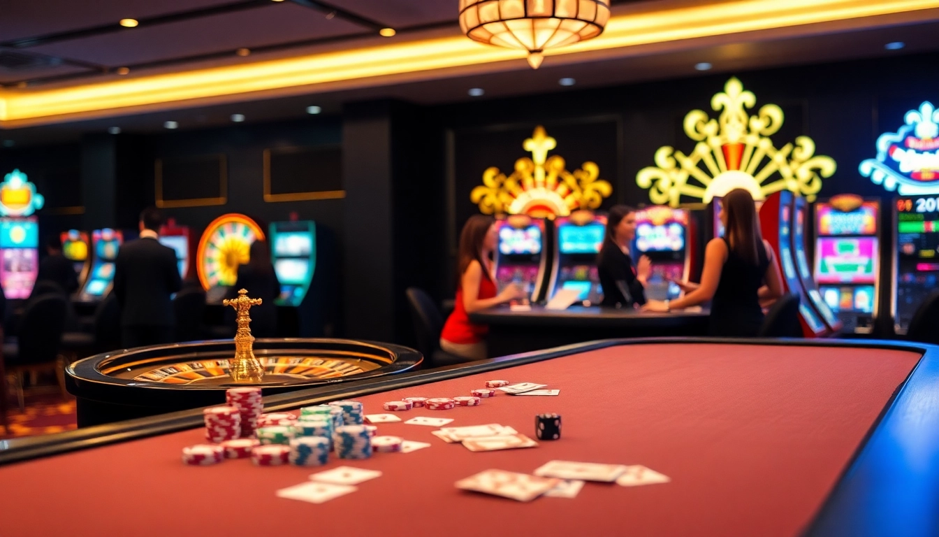 Experience the thrill of gaming at Nhà cái U888 with vibrant casino tables, roulette wheels, and excited players.