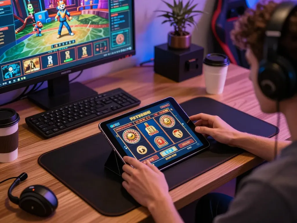 Luck8 user enjoying live casino games on a tablet, immersed in a dynamic online gaming experience.
