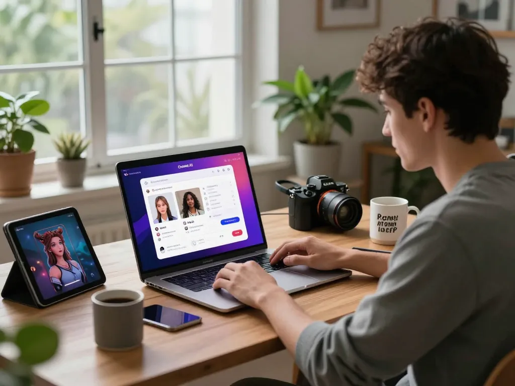 User interacting with NSFW AI platform on laptop, showcasing Crushon AI features in a modern home office.