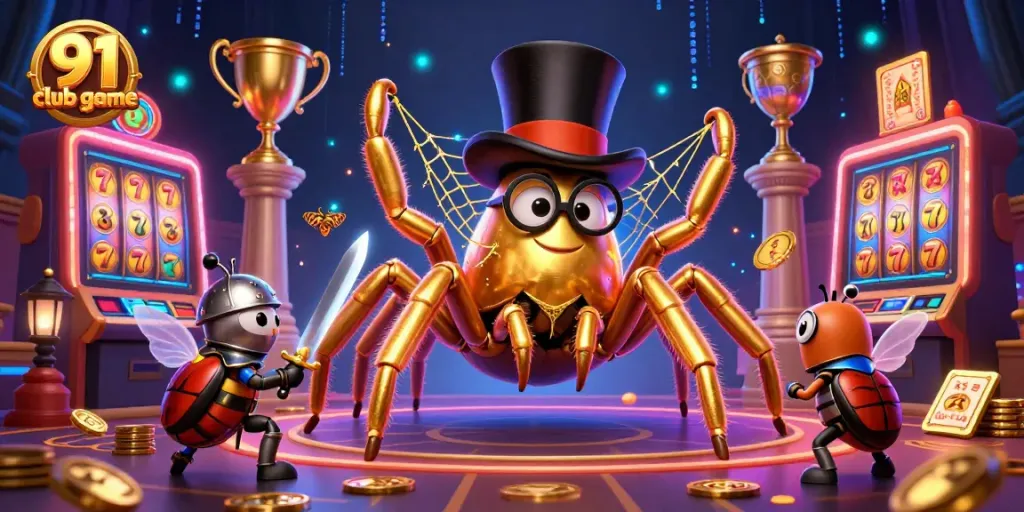 Engage in 91 club game with vibrant slot machines and lively characters in a captivating 3D scene.