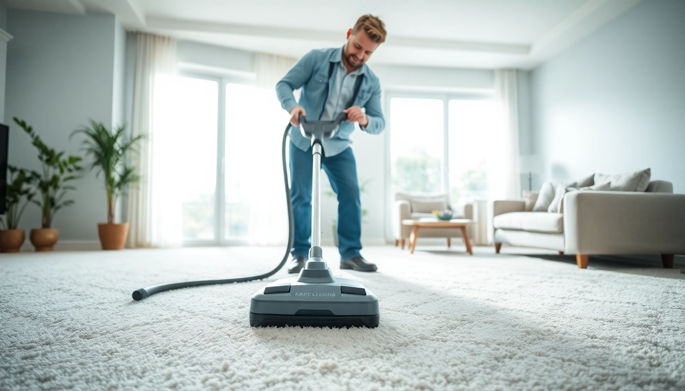 Professional carpet cleaning technician using a steam cleaner in a bright living room.