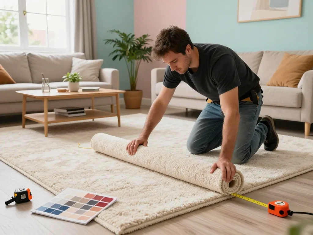 Professional installer providing carpet fitting services West London in a cozy living room.