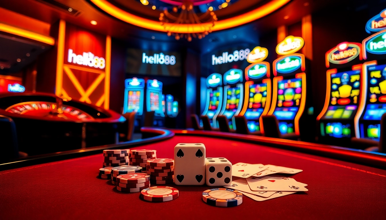 Exciting gambling scene with casino elements highlighting hello88, featuring poker chips and a roulette wheel.