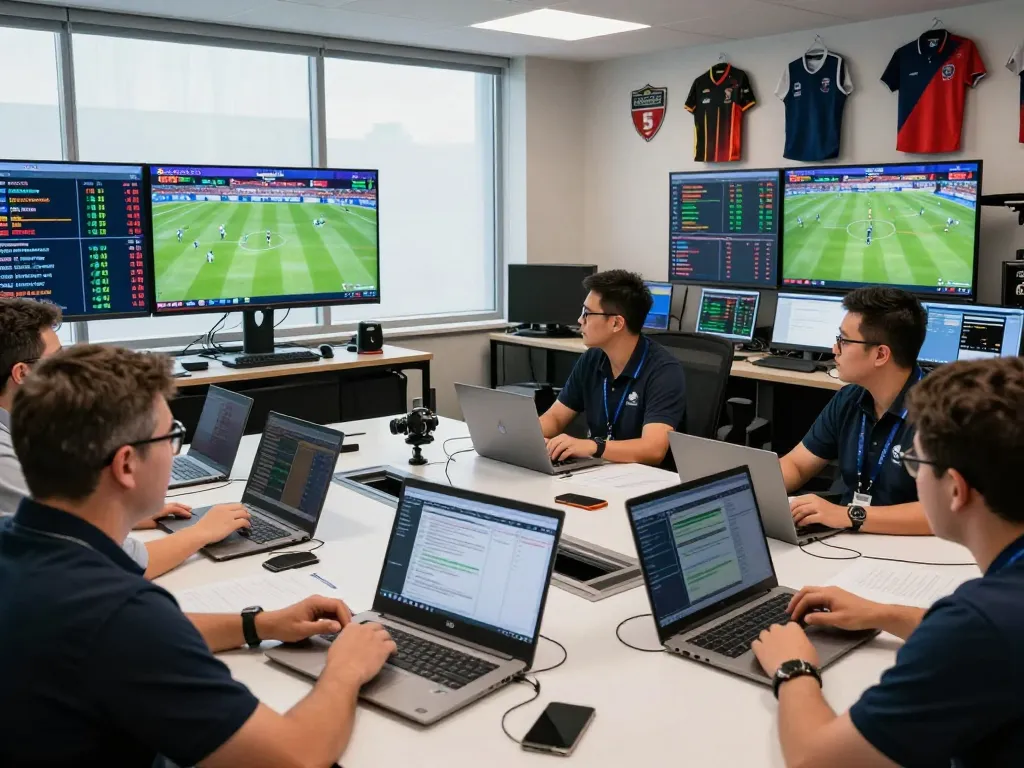 Tỷ lệ kèo nhà cái displayed on multiple screens in a modern sports analysis office, highlighting dynamic betting strategies.