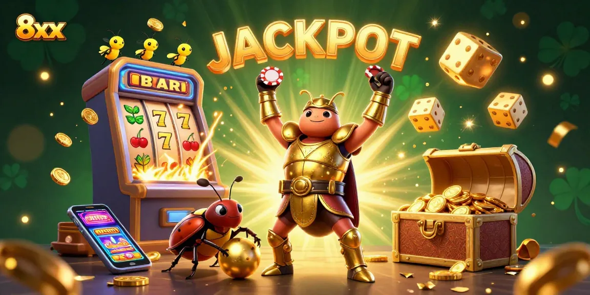 Engaging 8xx casino scene with a hercules beetle celebrating a jackpot victory amid dynamic gaming elements.