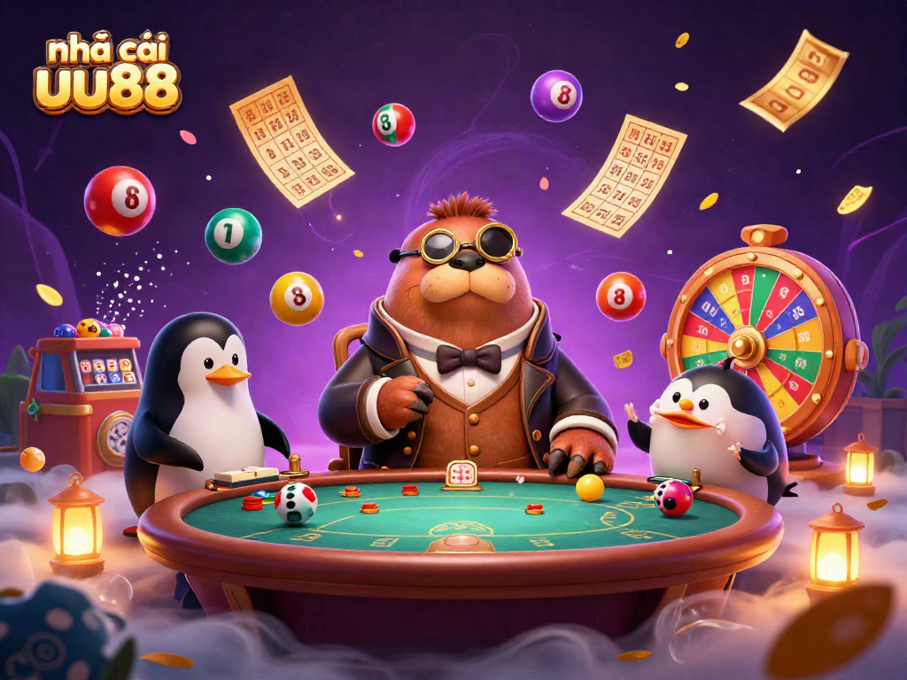 Play lottery and poker at nhà cái uu88, with a walrus and penguin in a vibrant underwater scene.