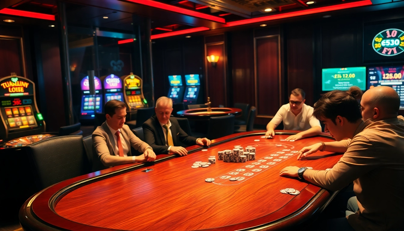 Experience the thrill of high-stakes poker and gaming at https://nk88.onl/ with vibrant slot machines lighting up the casino.