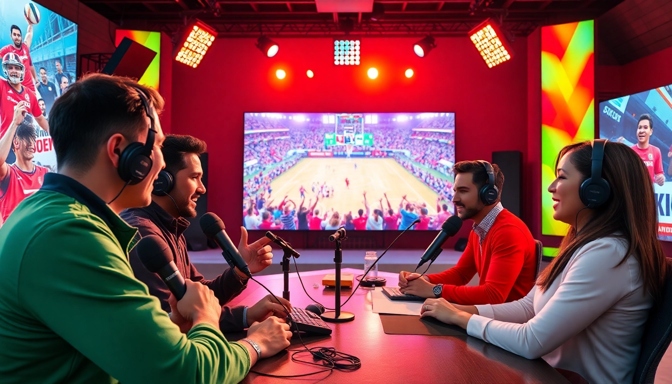 Hosts discussing Sports Broadcasting in a vibrant studio, surrounded by screens and sports graphics.