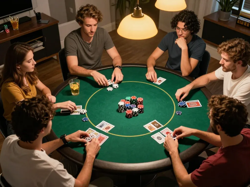 Friends enjoying a poker night with GG88 slot Link at the center of gameplay, creating a lively social atmosphere.