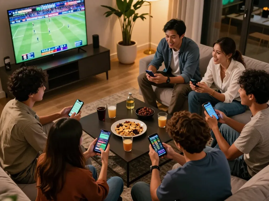Friends enjoying sports betting together using 789win app on their smartphones, fostering excitement.