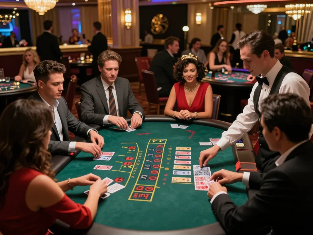 Players strategizing at 789club's blackjack table in a lively casino atmosphere.