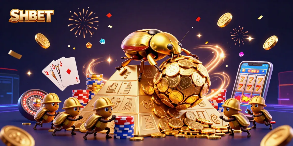 SHBET showcases golden beetles collecting coins in a vibrant casino setting filled with action.