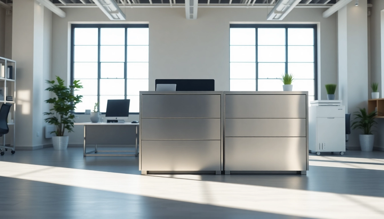 Organize with a modern metal drawer system that enhances workspace efficiency and style.