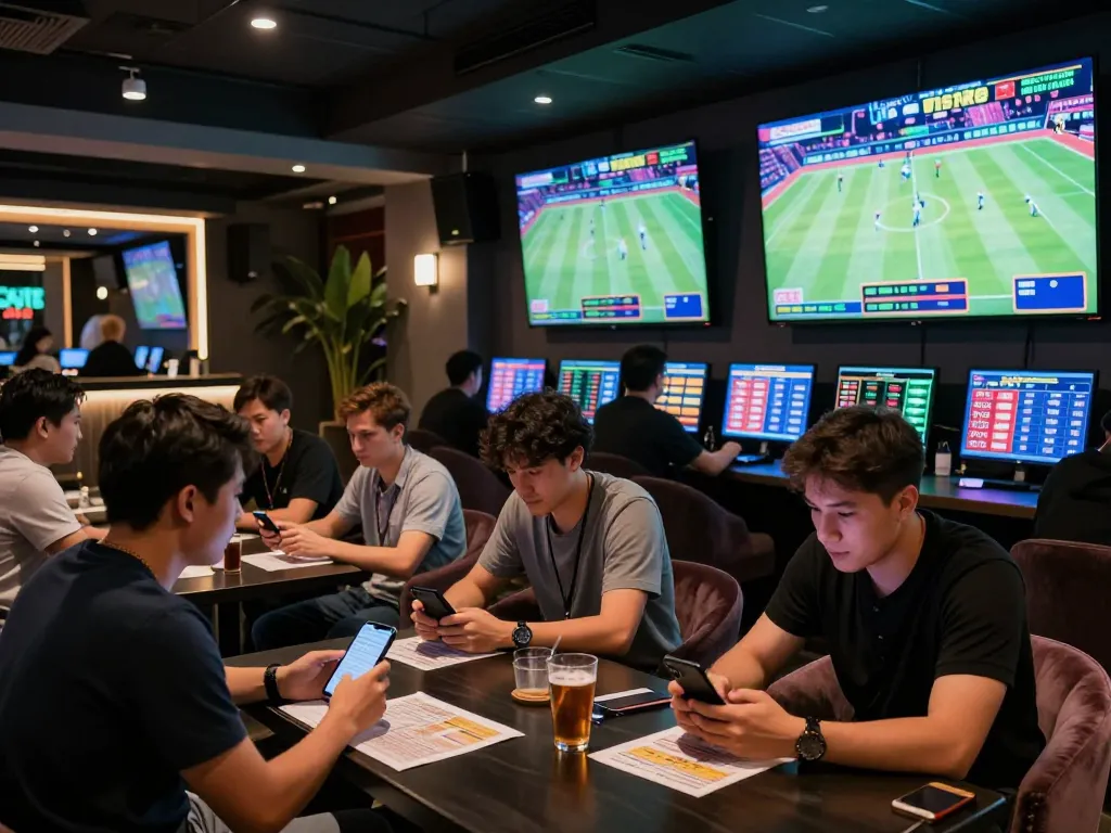 Hbet users actively engaging in live sports betting with mobile apps at a modern lounge.