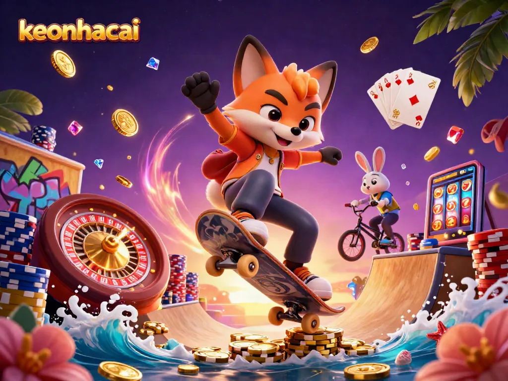 Experience the action with keonhacai as a skateboarder fox flips over golden poker chips, surrounded by vibrant casino elements.