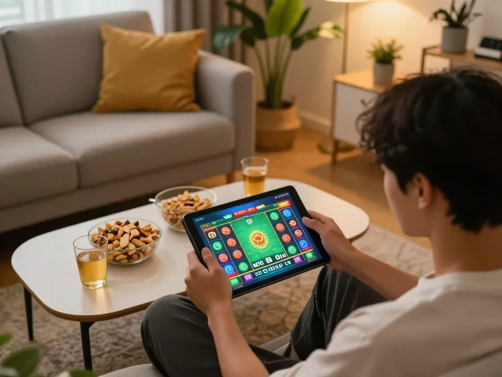 Xóc đĩa online gaming experience with a person using a tablet, engaging in a lively game setup