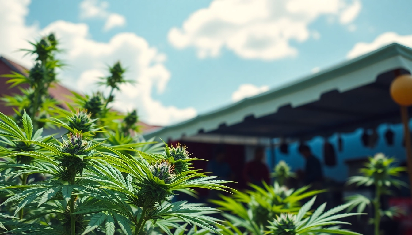 Buy marijuana online UK showcased with vibrant plants in a serene outdoor market.