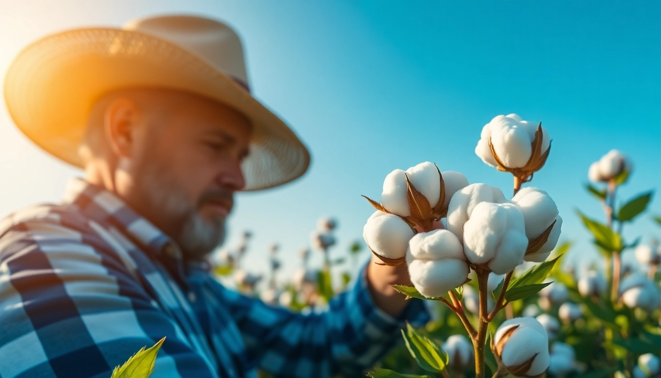 Katoenplanten die worden geoogst door een boer in een zonovergoten katoenveld.