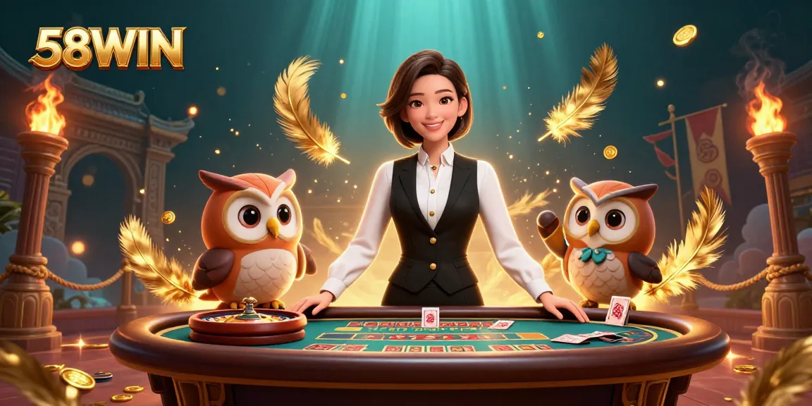58WIN gamifies excitement with elegant dealers, dynamic roulette, and casino elements in an immersive scene.