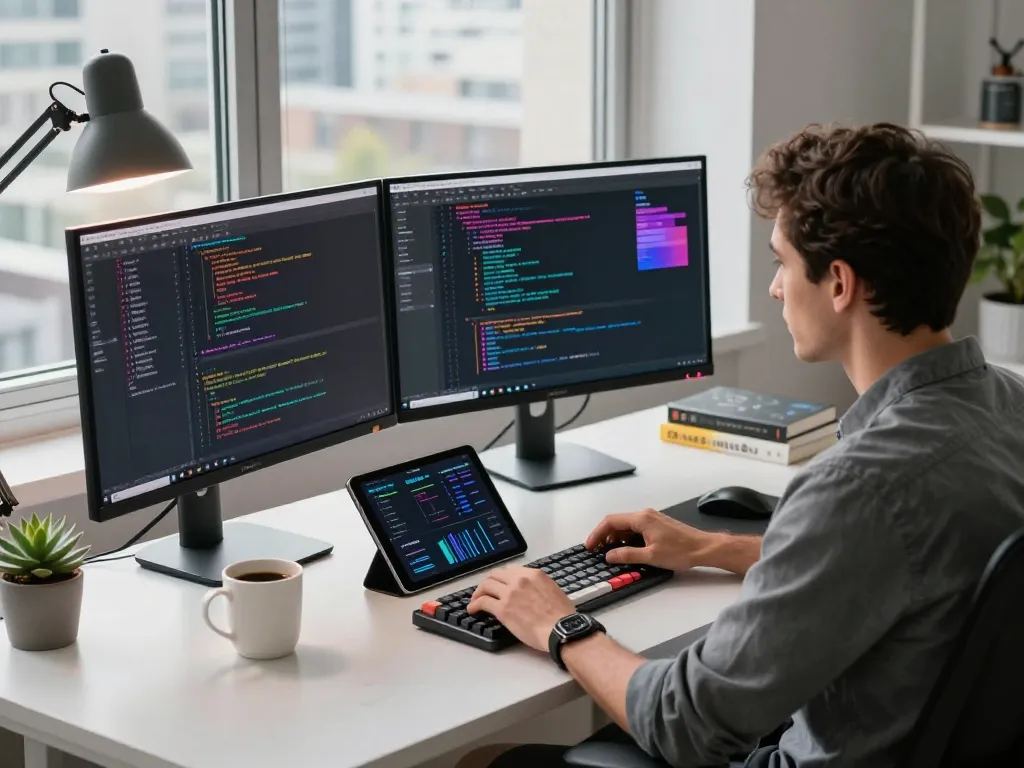 MoltBot AI assistant in an engaging workspace with a developer utilizing dual monitors and automation scripts.