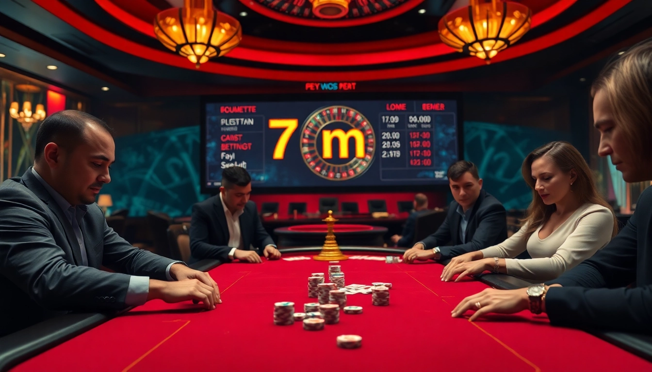 Professional gamblers strategizing at a poker table in a luxurious casino setting with 7m odds displayed.