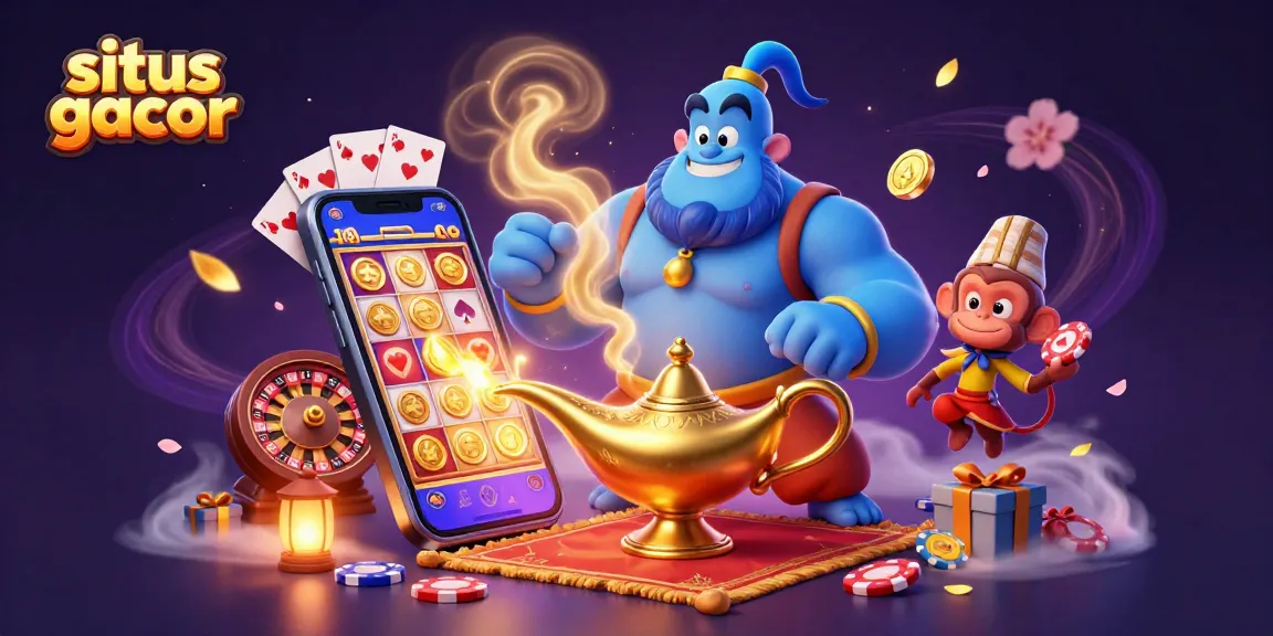 Experience the excitement of situs gacor with a dynamic 3D scene featuring a genie, monkey, and magic carpet amidst casino action.