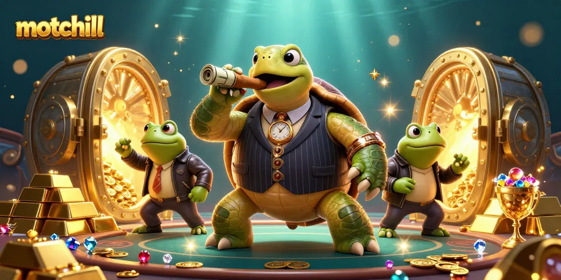 Engage with motchill's 3D cartoon scene showcasing a snapping turtle mobster and bullfrog enforcers in a vibrant casino atmosphere.
