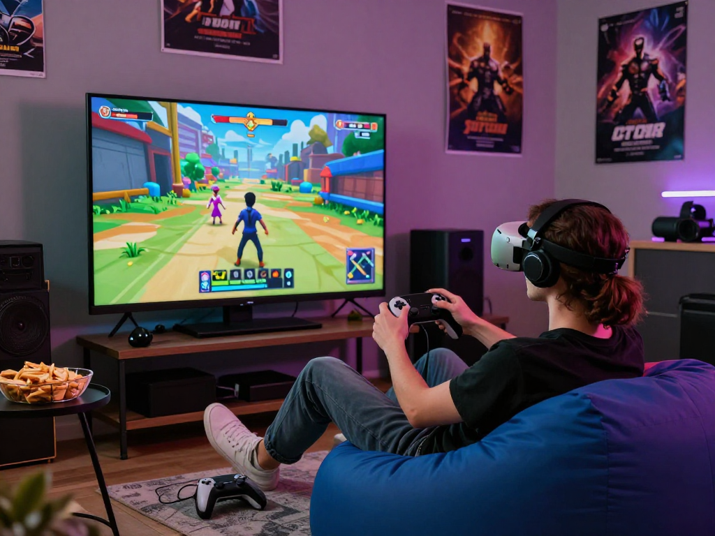 Gamer enjoying immersive AI porn games on a large screen in a cozy room.