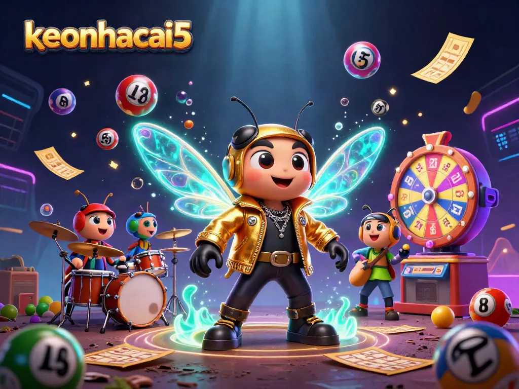 Engage with keonhacai5 through vibrant lottery balls and energetic casino characters in a dynamic scene.