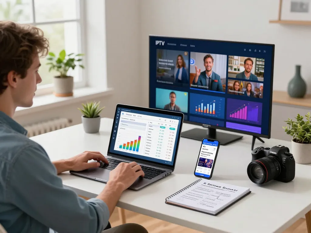 Sky Glass IPTV Reseller Panel in action, showcasing a home office setup with analytics and promotional strategies.
