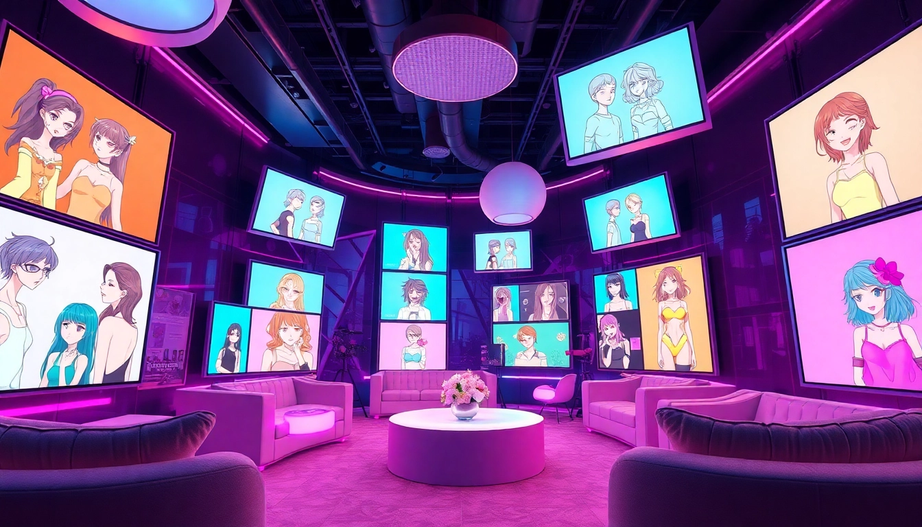 Engaging scene showcasing diverse NSFW AI character profiles in a luxurious digital lounge.