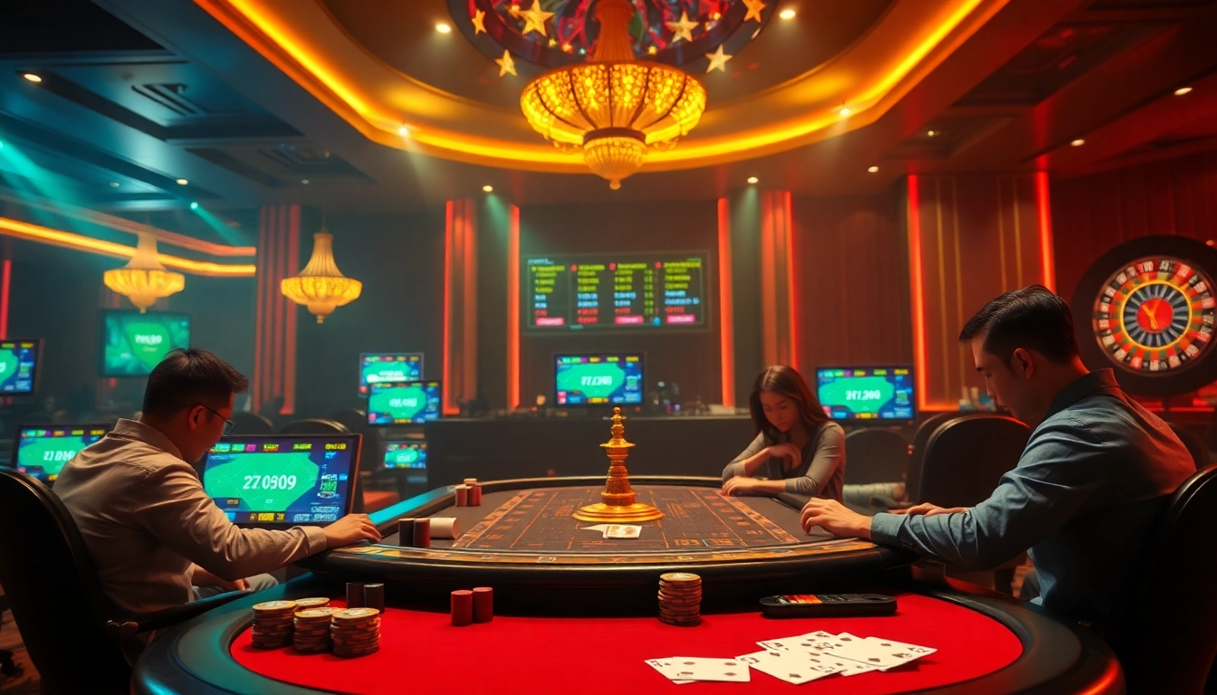 Players enjoying a high-stakes poker game at a luxurious casino from https://nhacaiuytin.news/ with vibrant chips and cards.
