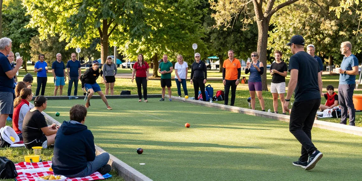 Community petanque players enjoying a sunny afternoon at a park, celebrating fopikotamanado.org's vibrant sports culture.