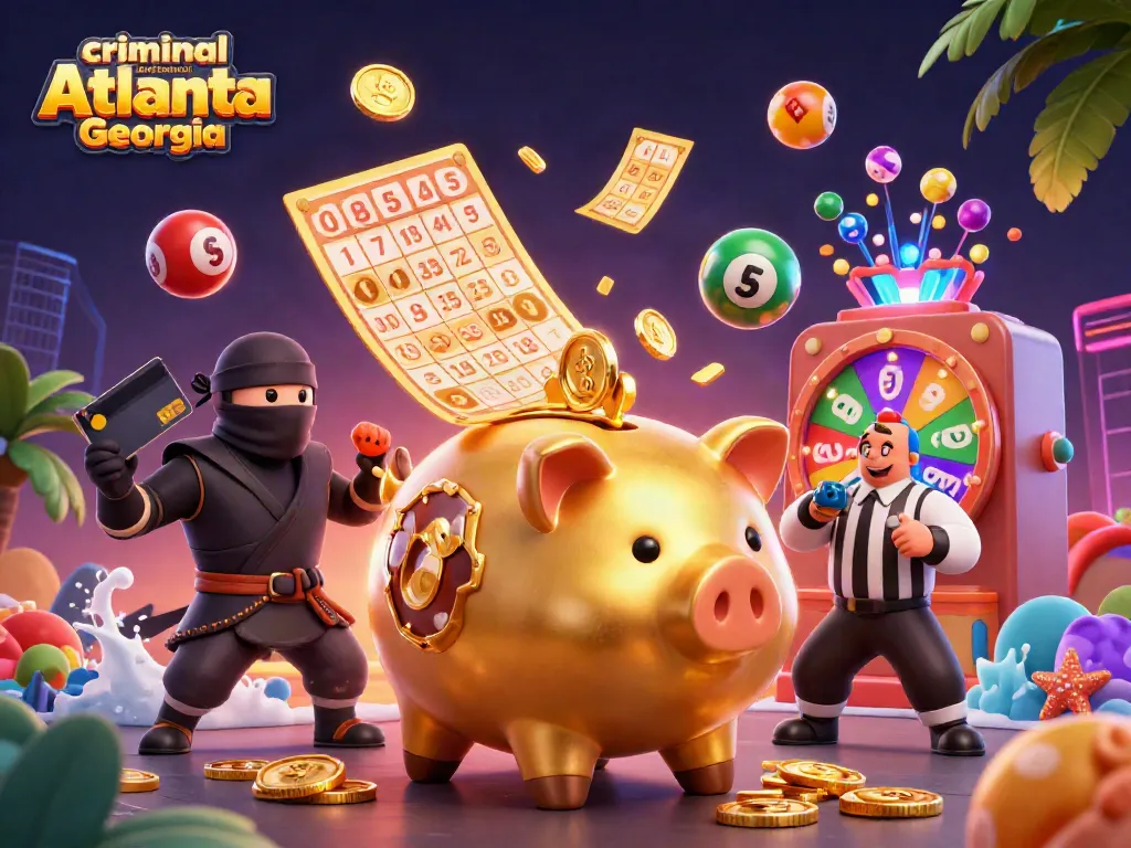 Dynamic scene featuring a golden piggy bank sumo wrestler, wallet ninja, and credit card samurai amid vibrant gambling elements, showcasing criminal defense attorney Atlanta Georgia.