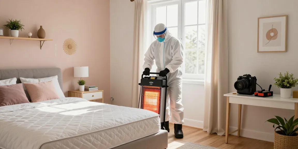 Bed bug heat treatment in a tidy bedroom, exterminator preparing equipment for safe pest removal.