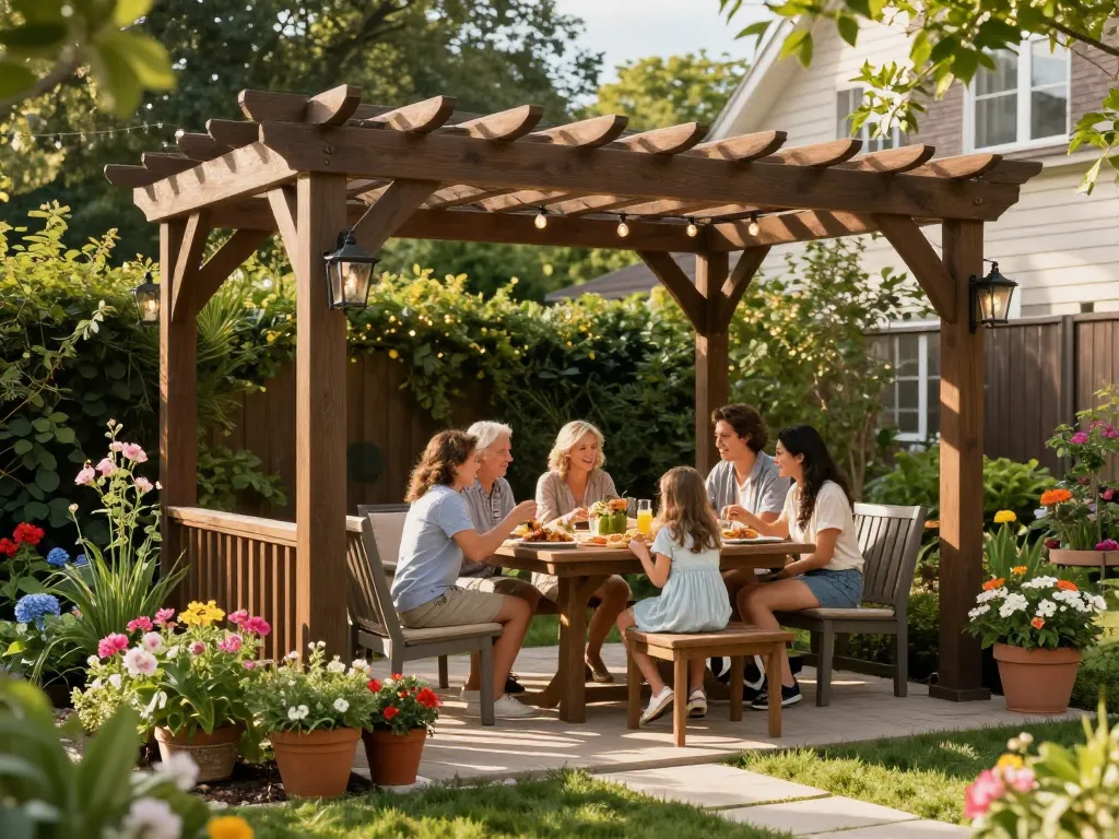 Enjoying summer meals under a beautiful 3D pergola in the garden
