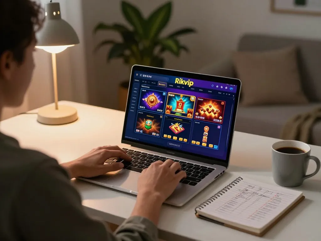 Engaging in online casino gaming on Rikvip platform in a cozy home setting