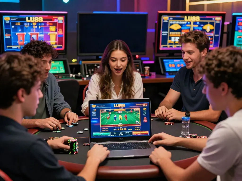 Group enjoying LU88 online games, showcasing excitement in a vibrant gaming atmosphere.