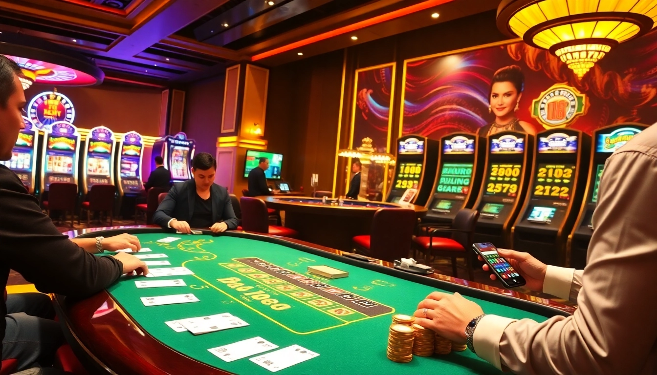 Engaging casino gameplay with mega888 apk on a mobile device amidst vibrant tables and slot machines.