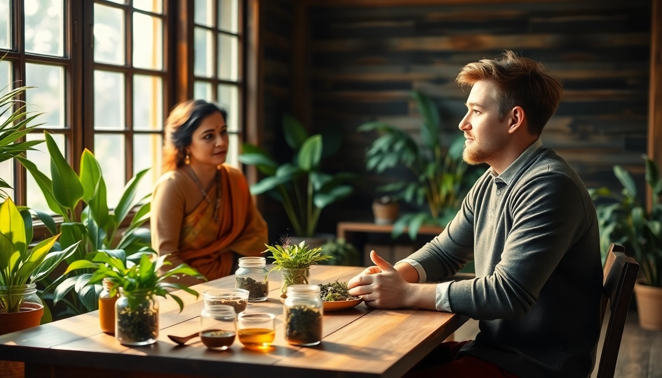 Ayurveda Consultation between a practitioner and patient in a serene setting promoting holistic health.