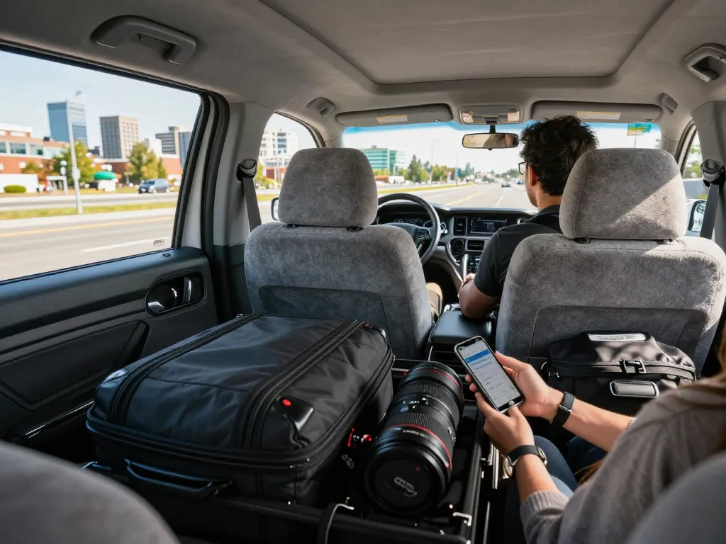 Affordable and comfortable ride in a cheap airport taxi, showcasing scenic views and luxurious interior.