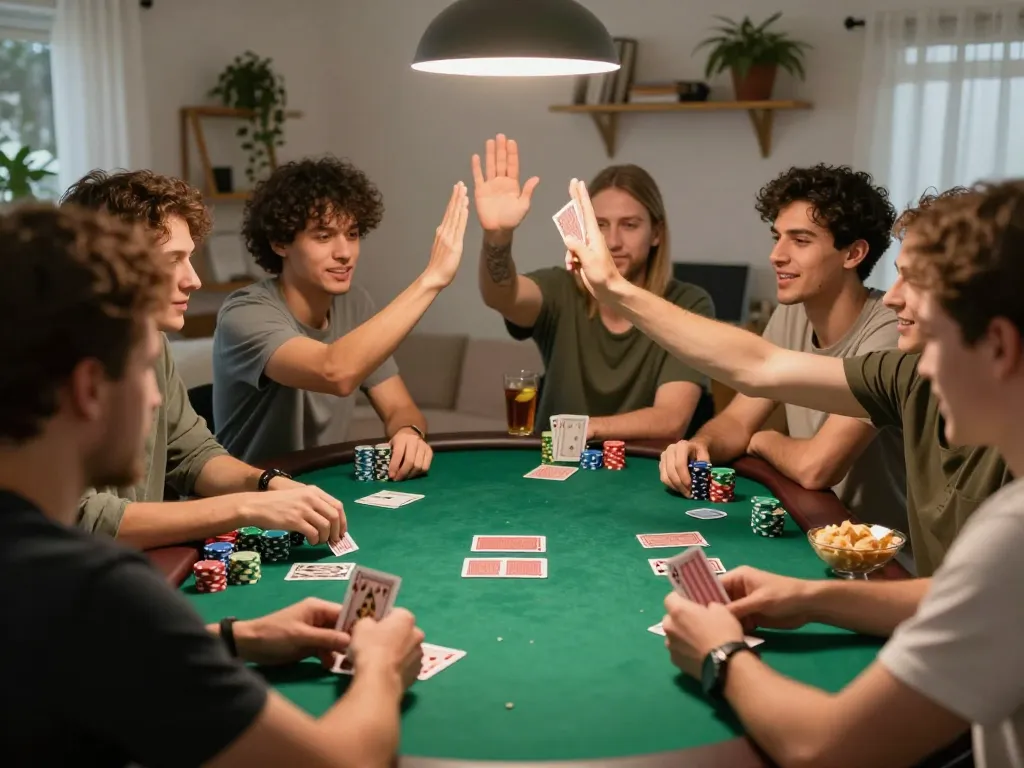Friends enjoying a lively poker night at home, focusing on gameplay at the table with SC88 themed decorations.
