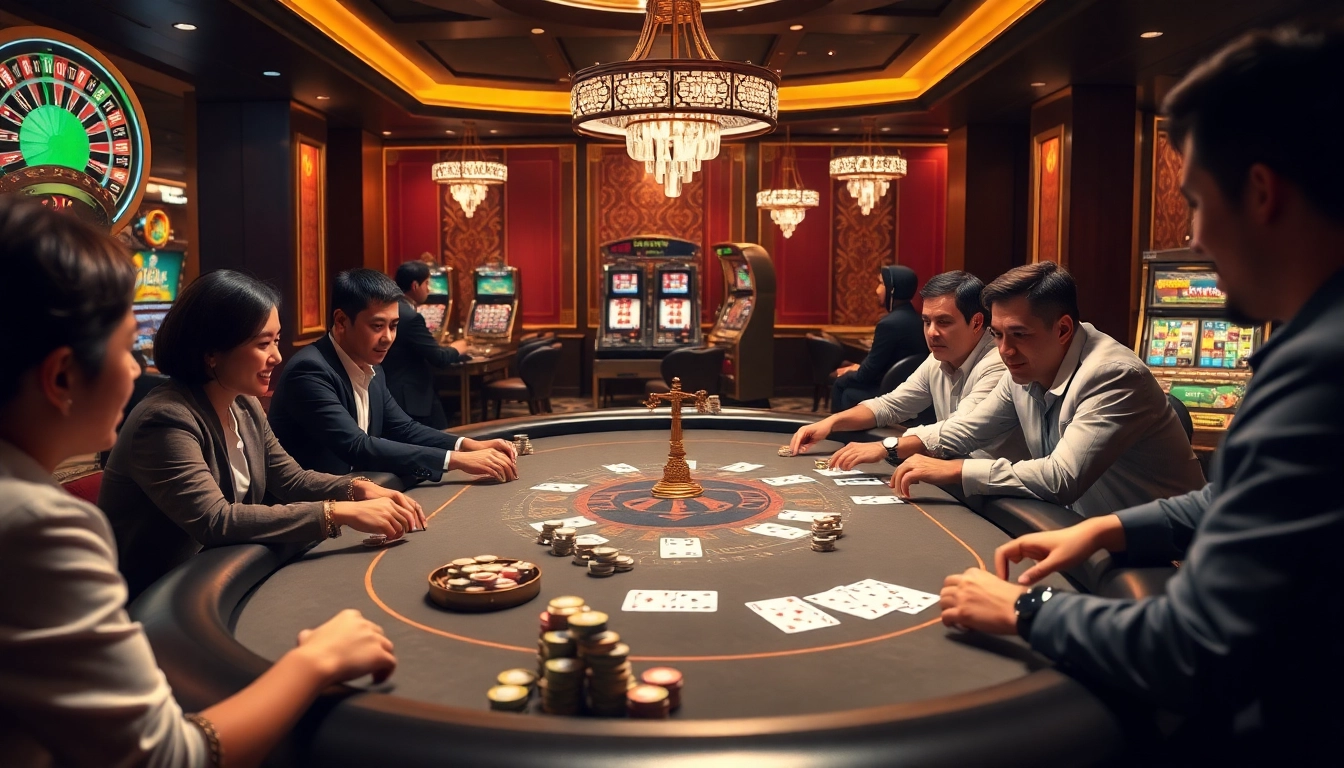 Players enjoying an exciting poker game at TK999 casino's luxurious gaming table.
