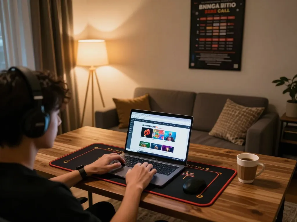 Sungaitoto player enjoying online gambling from a stylish home setup, with a cozy atmosphere.