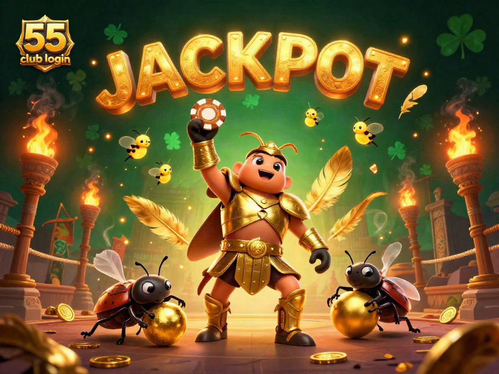 Join the action with 55 club login as beetles celebrate a jackpot win amidst vibrant casino elements.